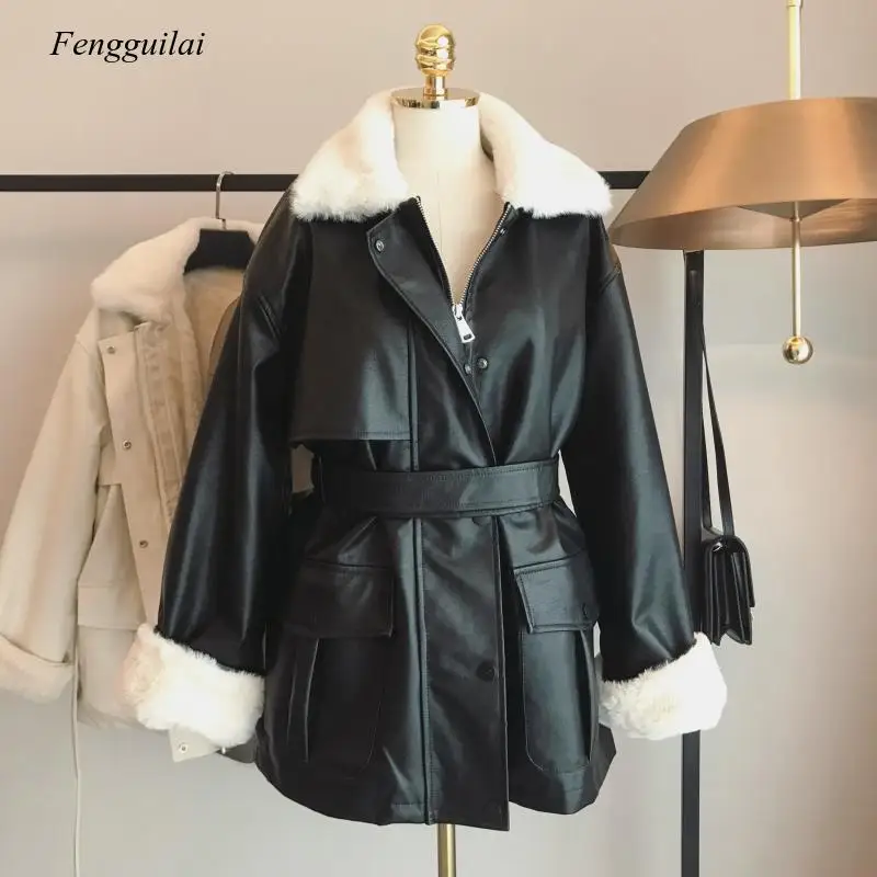 Winter Oversized Leather Jacket Women with Faux Fur Inside Warm Soft Thickened Fur Lined Coat Long Sleeve