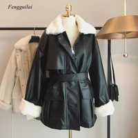 winter oversized leather jacket women with faux fur inside warm soft thickened fur lined coat long sleeve