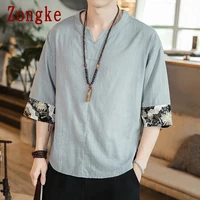 zongk crane linen v neck t shirt for men clothing funny t shirts for men tops vintage t shirt men m 5xl 2021 summer new arrival