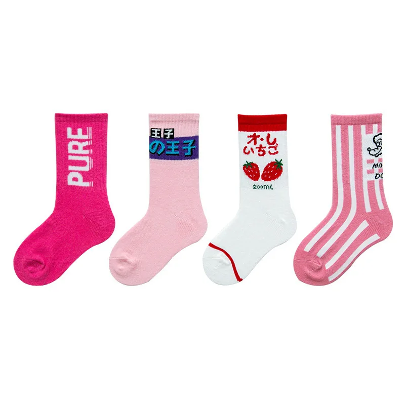 

4 Pairs/lot Children Middle Tube Socks Kids Stripe Letter Socks Cotton Warm Fashion Socks 3-12 Years Students Autumn Winter