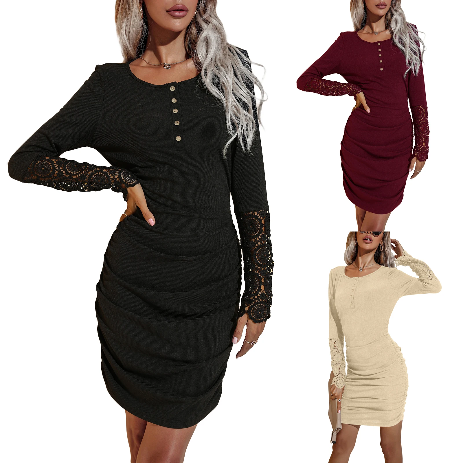 

Осеннее вечерние ское вечернее платье с рюшами, сексуальное облегающее однотонное платье с круглым вырезом и кружевным рукавом, женские пл...