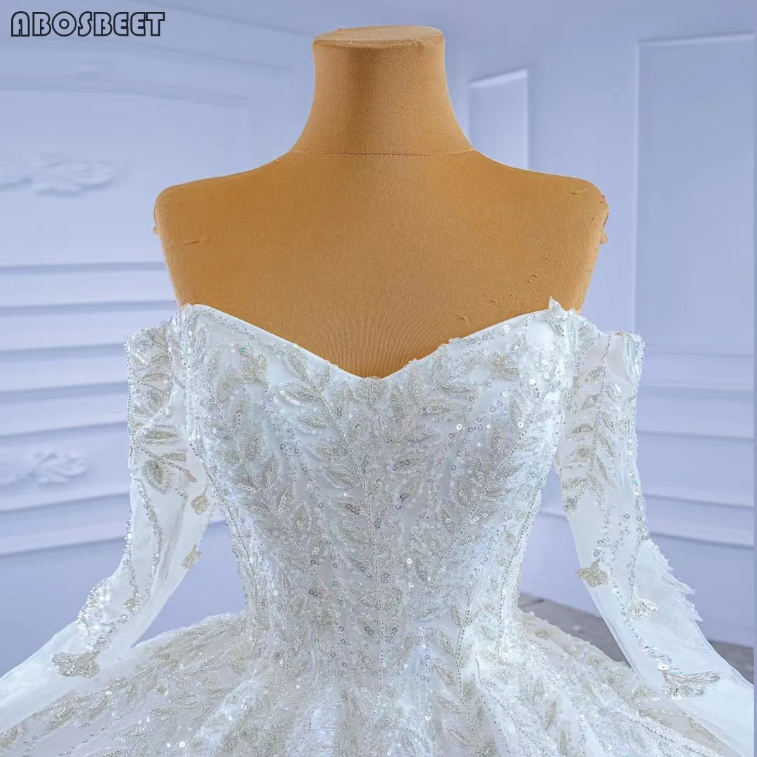 

Wedding Dress Long Sleeve 2021 Off Shoulder Ball Gown Wedding Gowns for Bridal Shining Sequins Lace Top Long Train Robe Mariee