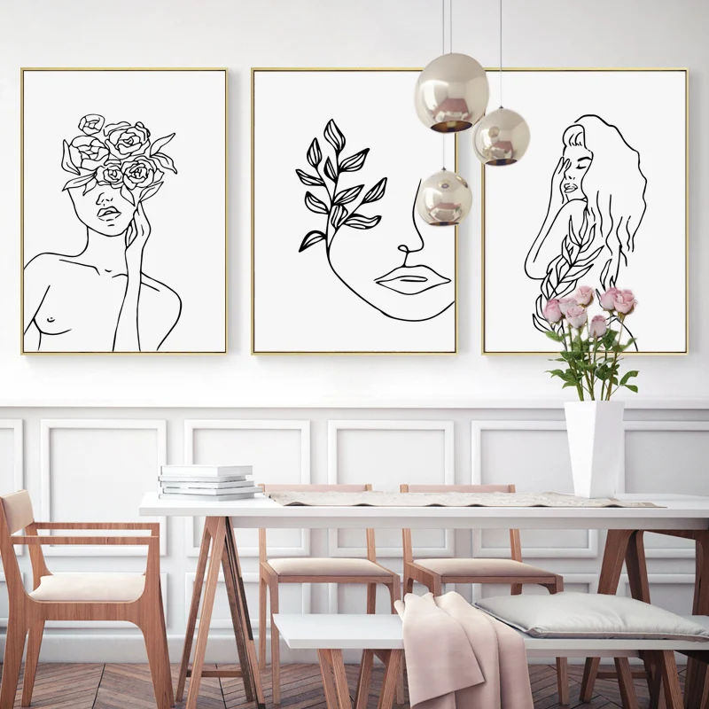 Женщины с цветами линии искусства печати женщин абстрактные фигуры рисовать