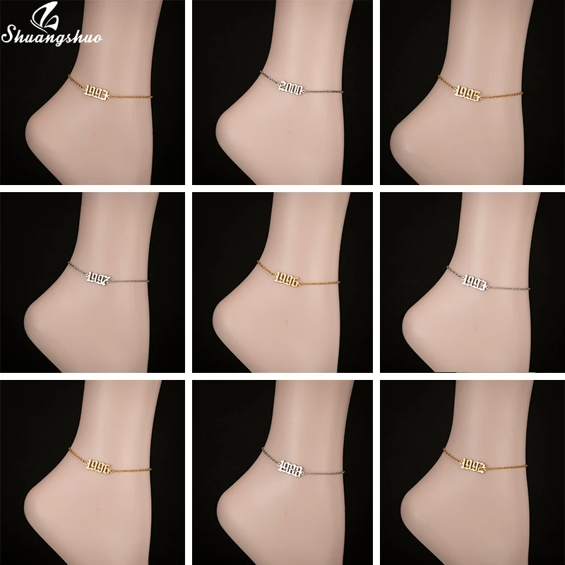 Mini Initial Year Anklets Bracele for Women Stainless Steel Birth Number Leg Chain Gold Femme 1980 1981 1982 1983 1984 Anklet | Украшения и