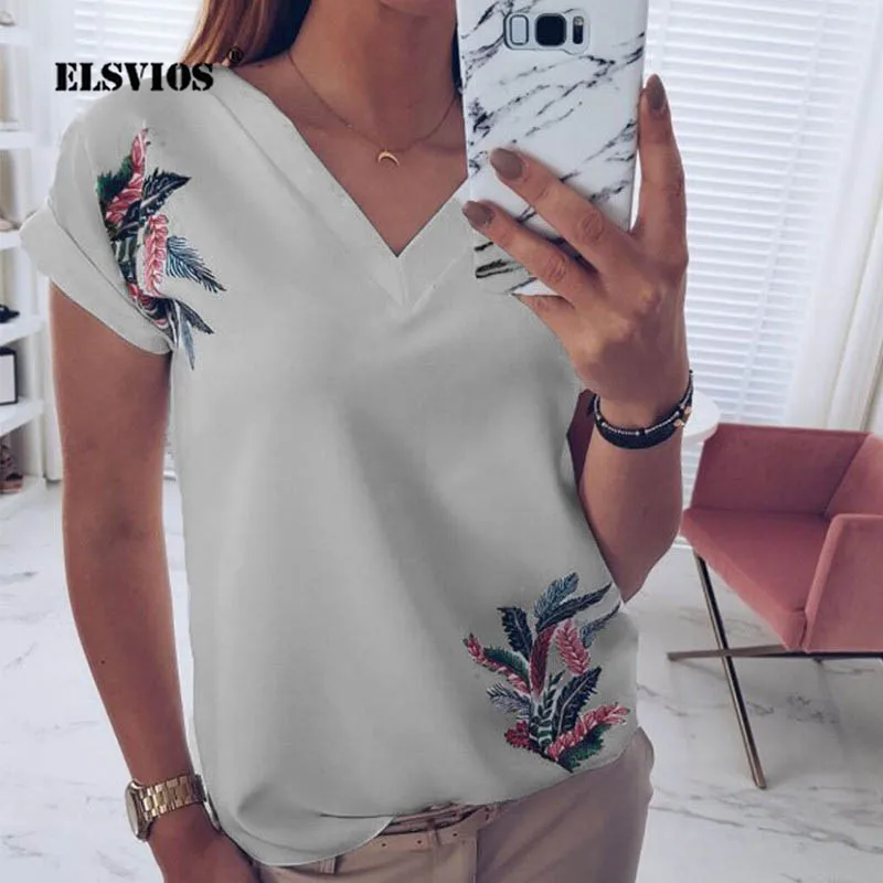 Женская блузка с цифровым принтом V образным вырезом и коротким рукавом|Блузки| |