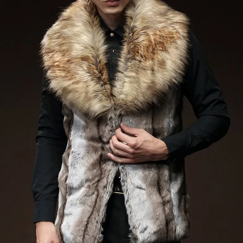 

High Quality Mens Winter Faux Raccoon Fur Collar Warm Sleeveless Vest Slim Fit Warm Fur Thick Outwear Coats Male Waistcoat Vests