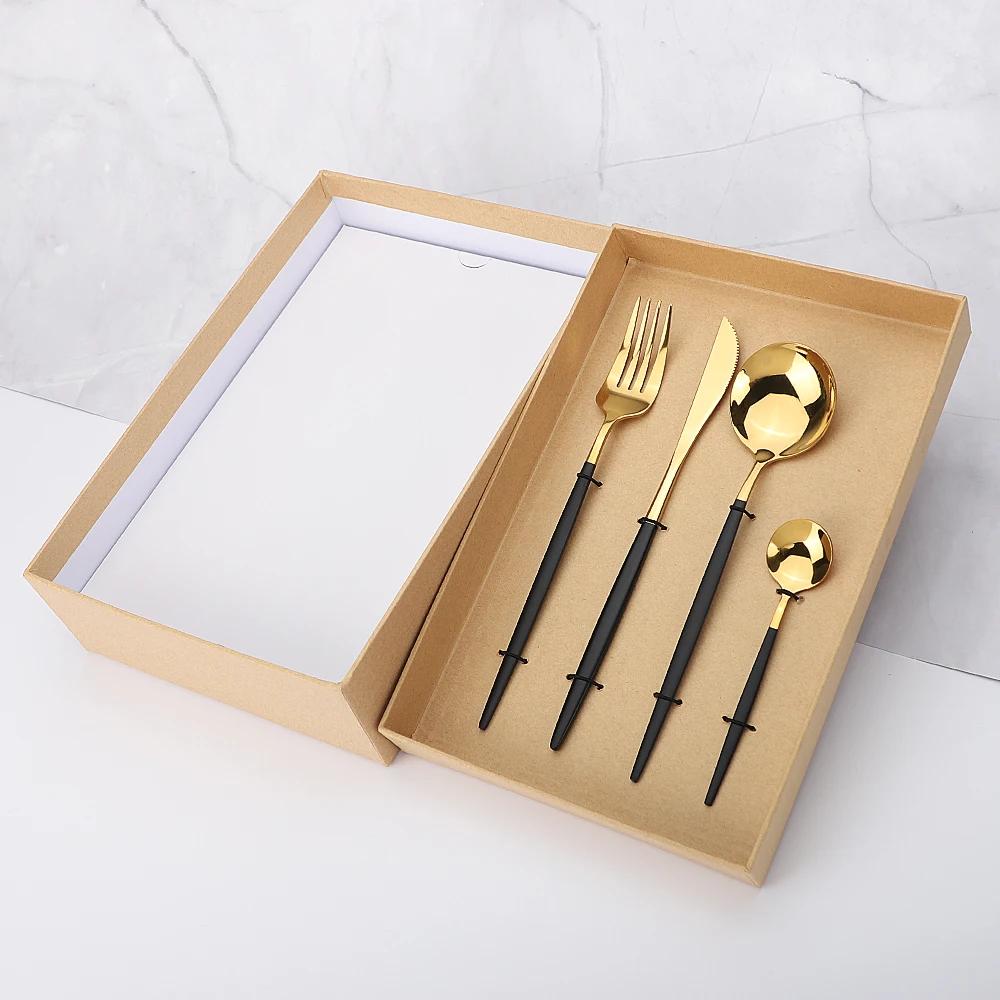 

Gold and Black Handle Dinnerware Set Dinner Knife Fork Spoon Flatware Cutlery Set Gift Box 16 Piece Stainless Steel Tableware