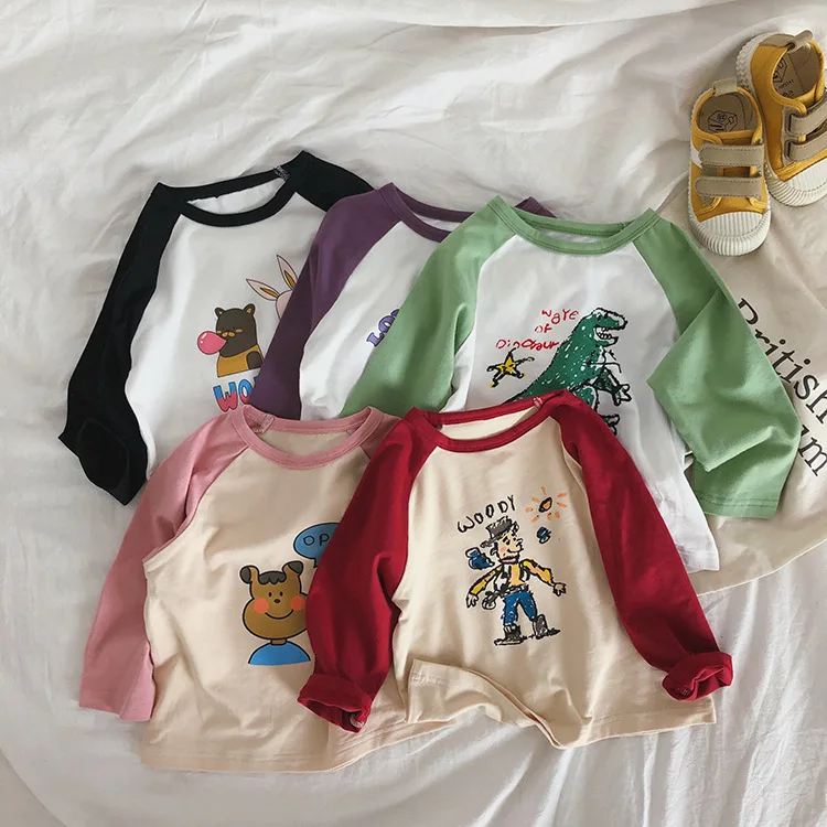 Осень милые футболки с длинными рукавами из чистого хлопка героями мультфильмов