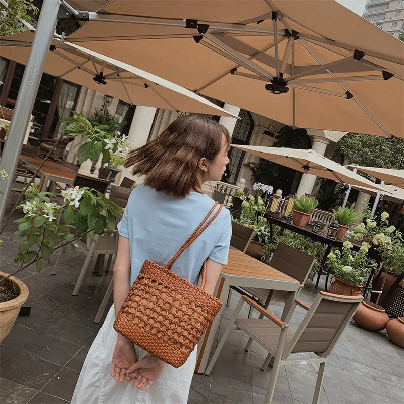 

Female Cowhide Vintage Handmade Hollowed-out Woven Basket Cotton Cloth Shoulder Bag French Elegant Resort Women's Beach Bag