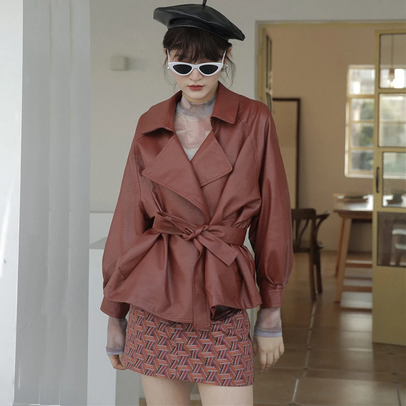 2020 Высококачественная Женская куртка из искусственной кожи с ремнем Офисная