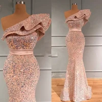 mermaid evening dresses long 2022 women luxury one shoulder sparkle prom gowns sleeveless pink simple party dress robe de mariee