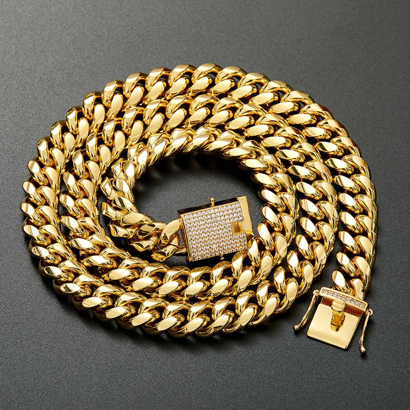 

14mm Wide Stainless Steel Cuban Miami Link Chain Necklaces for Men Hip Hop Rock jewelry CZ Zircon Set Bling Iced Out Link Chain