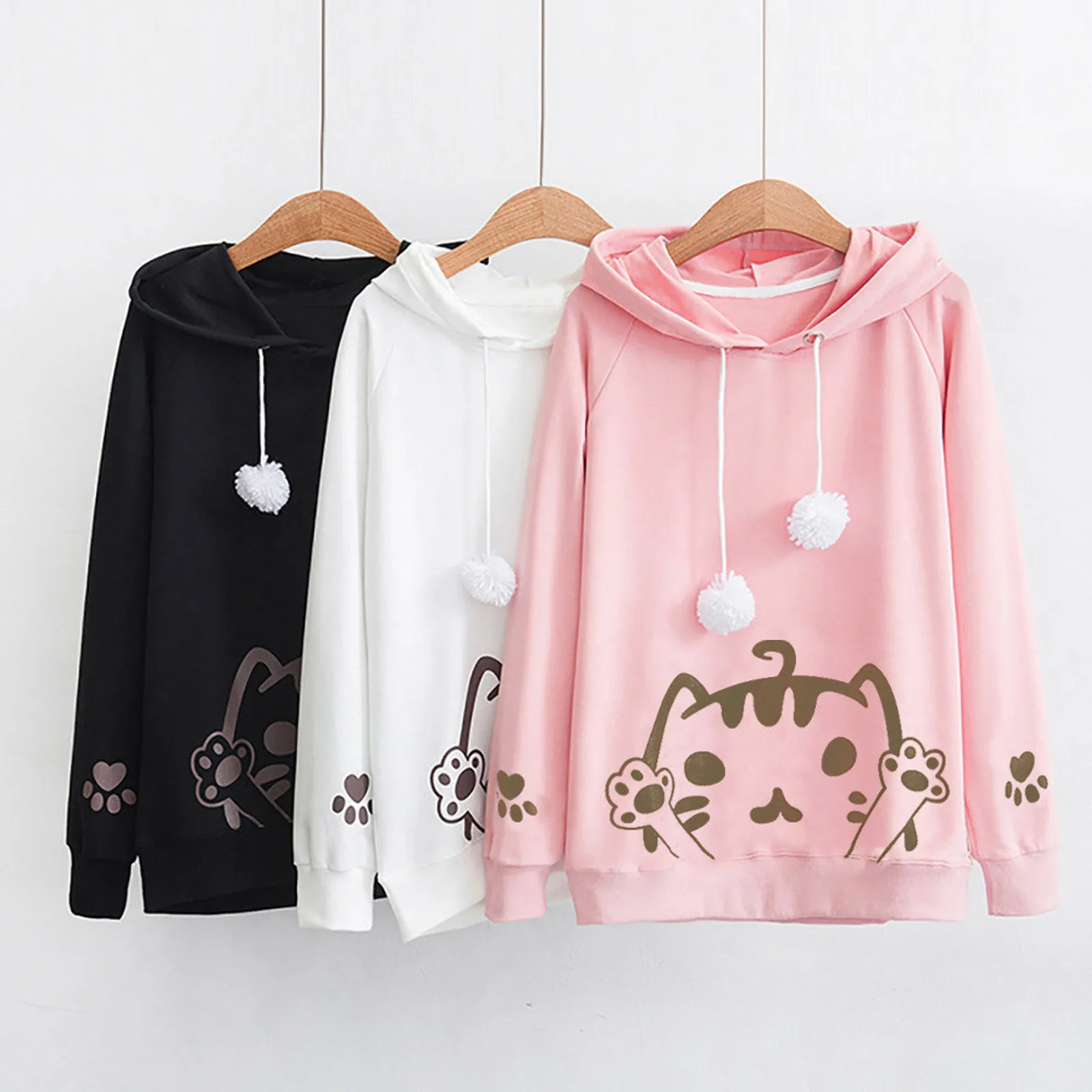 

Fashion Women's Casual Autumn Long Sleeve Hooded Hoodies Cute Cartoon Cat Printed Hairball Loose Sweatshirt Pullover Tops#g3