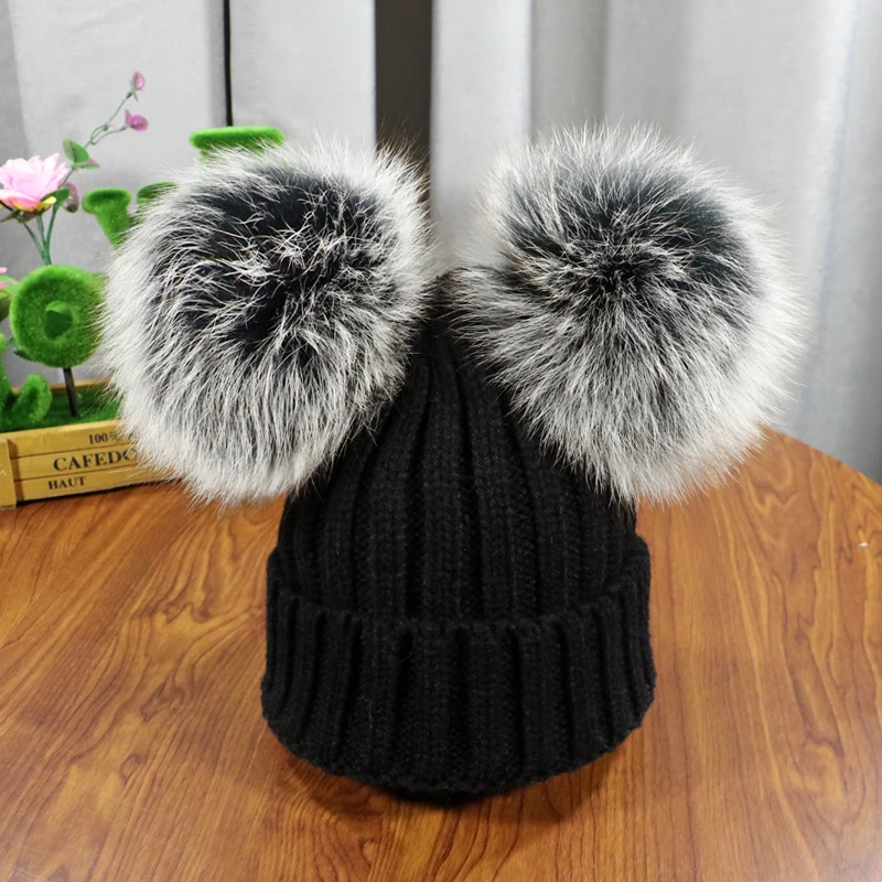 

2020 New double natural Pom Poms hat Girls Boys Winter Warm Fur Pompom Ball Knitted Beanies Hat Skullies Beanies Cotton Bonnet
