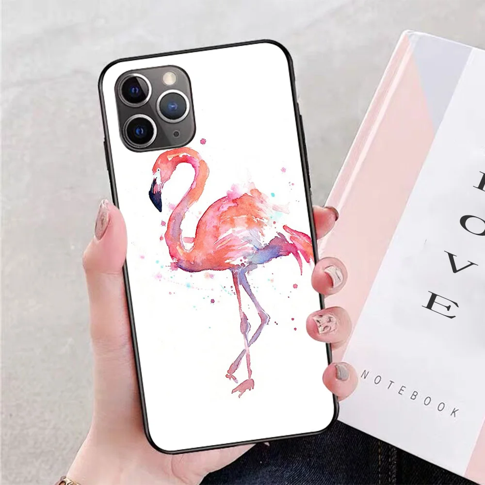 

For iPhone Pink Flamingo Watercolor Illustration Soft TPU Border Apple iPhone Case