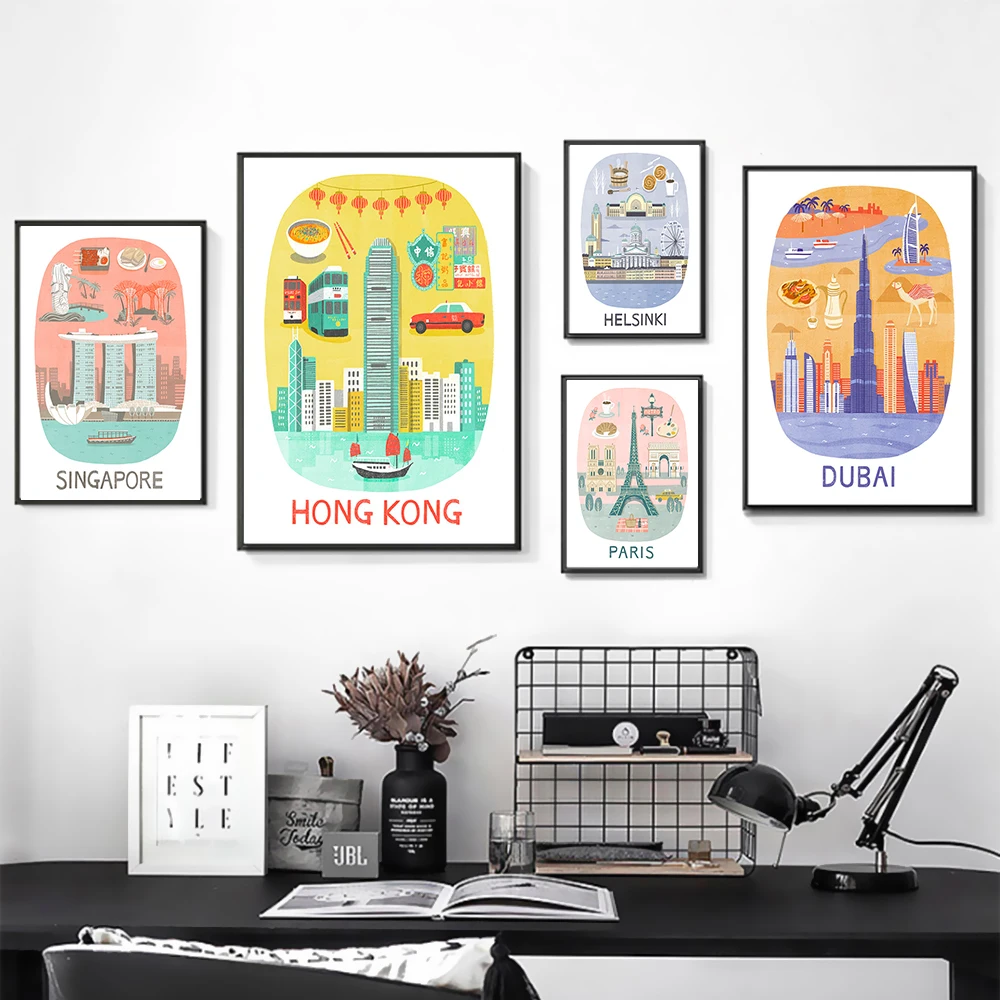 Гонконгский Дубай Хельсинки Сингапур Париж Путешествия Холст Живопись