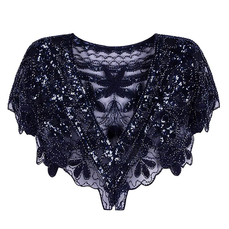 Navy blue shawl Женская шаль 1920s Короткая Свадебная накидка Арт Деко с пайетками и бисером вечерняя накидка Болеро Хлопушка накидка летняя накидка - Цвет: Navy blue shawl