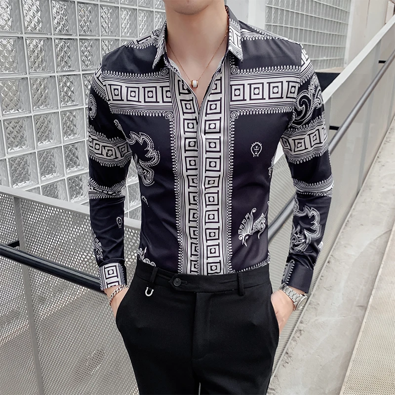 

Retro Dragon Print Mens Shirt Long Sleeve Shirts 2021 Men Casual Slim Fit Dress Shirts Night Club Party Social Streetwear Camisa