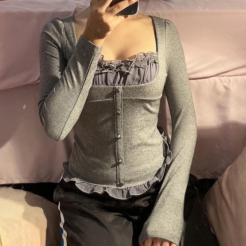 

Y2K Sweet Lace Frill Bow Pullovers Crop Tops T-shirts Women Vintage Square Collar Slim Button Korean Fairycore Grunge Cute Tees