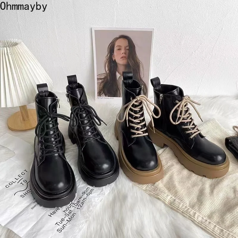 

2022 Winter Motorcycle Boots Women Luxury Designer Ankle Booties Platform Thick Bottom Bootties Fashion Lace Up botas de mujer