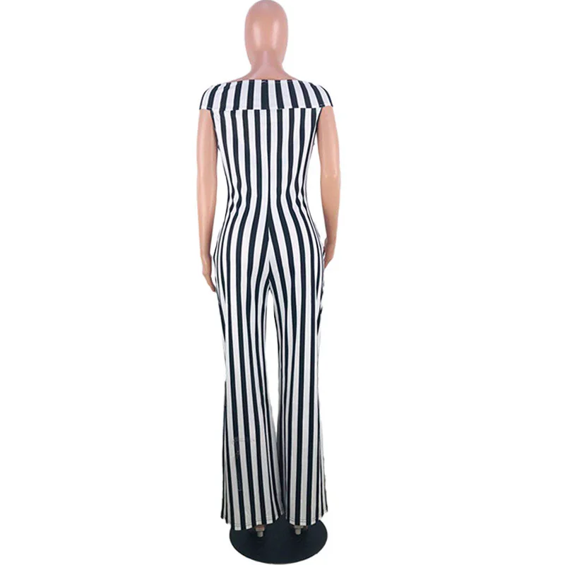 

Black White Striped Rompers Womens Jumpsuit Fashion Short Sleeve High Waist Wide Leg Overall Casual Slash Neck Backless Overall