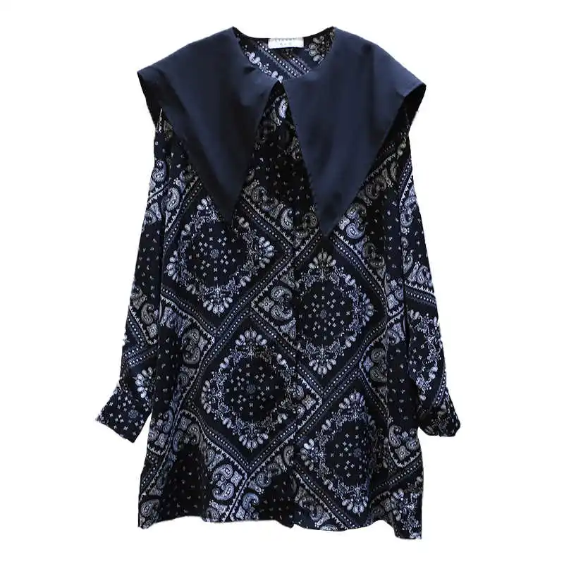 

IEQJ 2021 Spring Autumn New Full Sleeve Sailor Collar Wild Office Lady Loose Large Size Print Slim Fashion Women's Shirt TX506