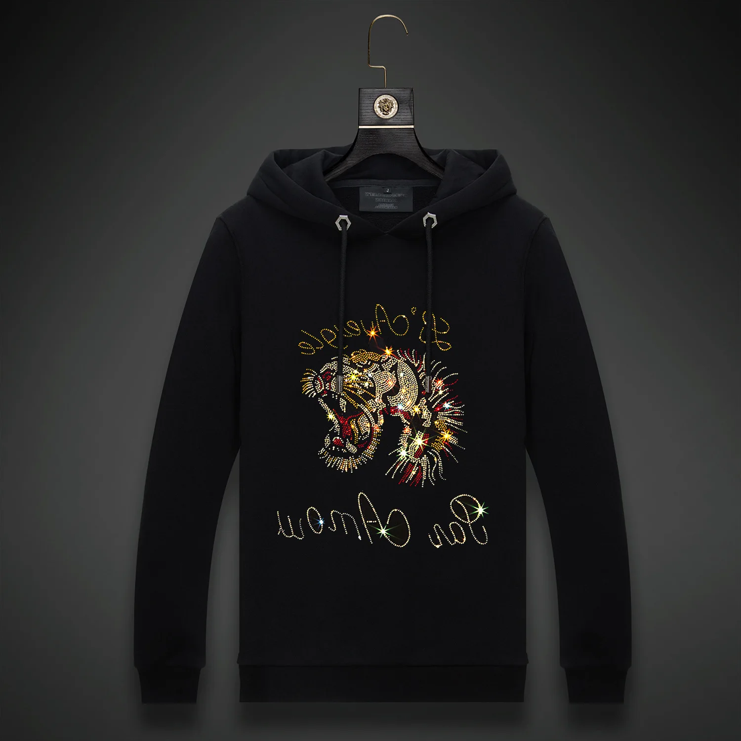 

Men Colorful 2021 Tiger Rhinestones Hoodie Sweatshirt Fashion Thick Streetwear Full Pullover Hooded Hoodie Mens Winter Clothes