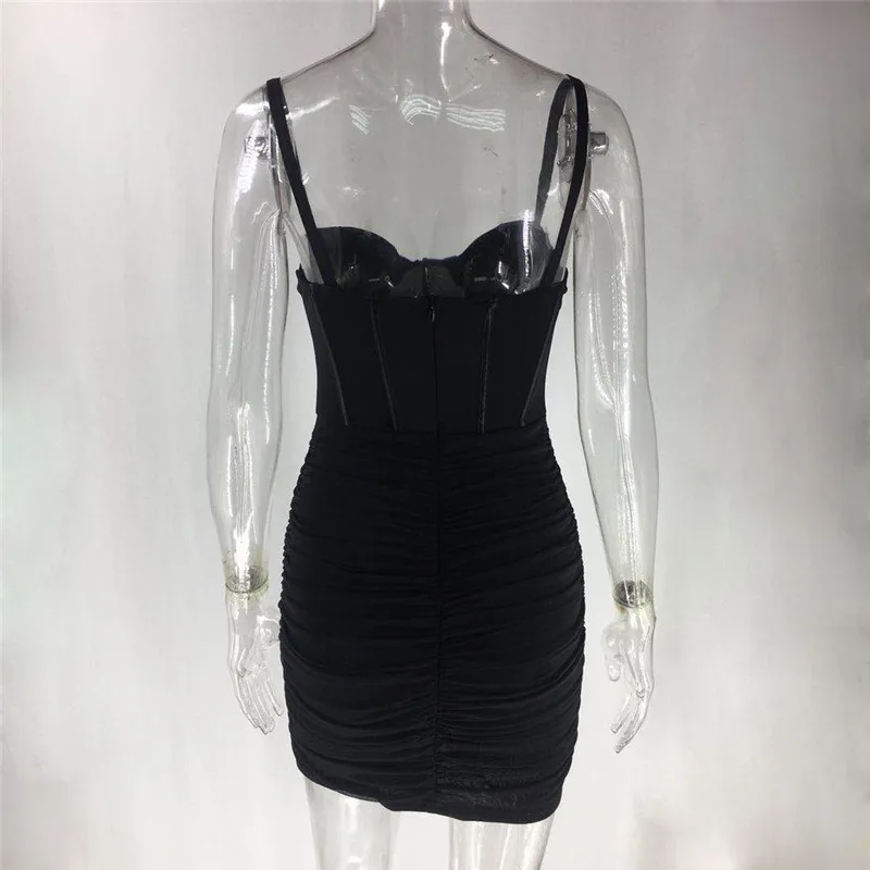 

Zoctuo Ruched Mesh Sexy Bodycon Dress Spaghetti Straps Dress Women Fashion Autumn Mini Dress Night Club Party Dresses For Women