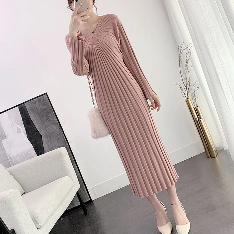 

Elegant V-Neck Solid Long Sleeve Chic Women Sweater Dress Autumn Winter 2023 Midi Knitted Slim Female Bottoming Dresses Vestidos