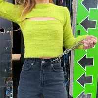 avocado green long sleeve women sexy crop top y2k sweater warm winter hollow chest slim knitted tops mink fur plush pullover