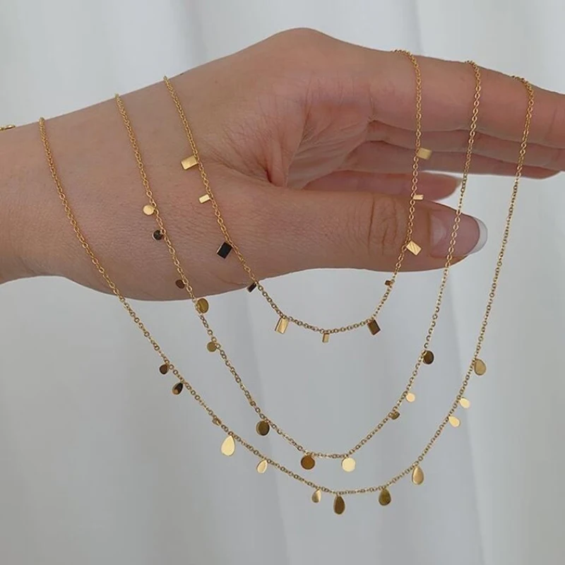 

Fashion Chain On Neck Water Drop Square Round Simple Elegant Gold Choker Non Fading Stainless Steel Necklaces For Women XL180