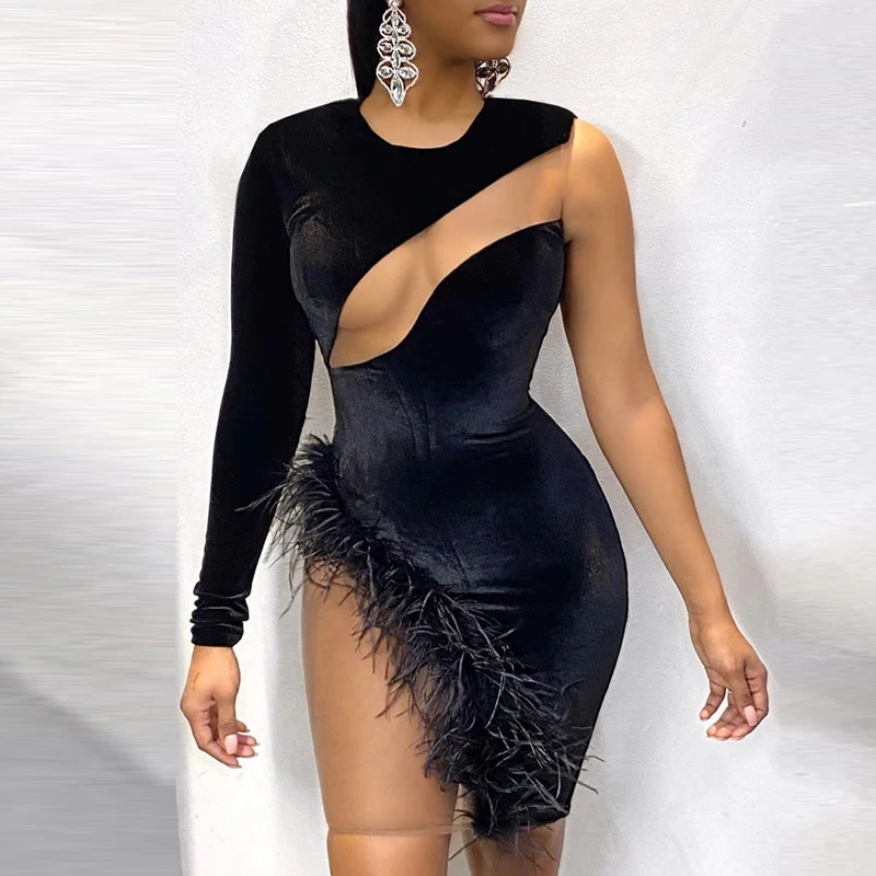 

Women Elegant Mesh Patchwork Irregular Party Dress Sexy Ladies Hollow Out Feather Velvet Dress Autumn Long Sleeve Pencil Dress