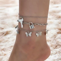 vagzeb vintage silver color anklets for women punk key lock butterfly pendant charms beach summer foot ankle bracelet jewelry