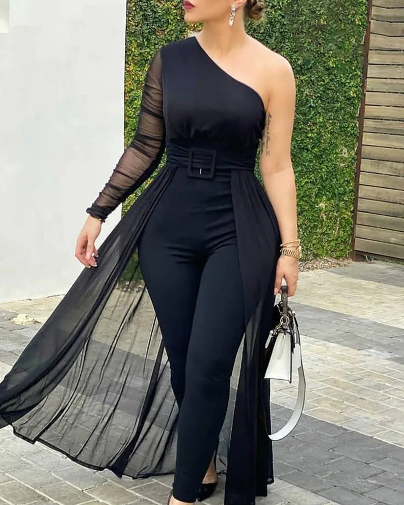 

Women Sexy Jumpsuit Ladies Elegant One Shoulder High Waist Romper Trousers Female Bodycon Pants Playsuit Long Maxi Dress