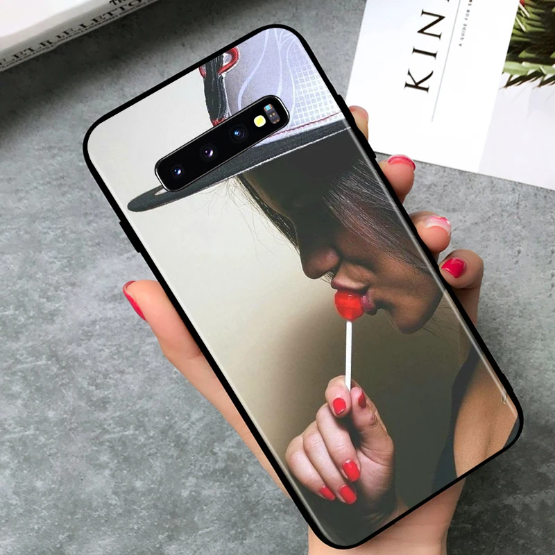 Black TPU Soft Cover Beauty Red Lips for Samsung Galaxy S20 Ultra S10 S10e FE 5G S9 S8 S7 S6 Edge Plus Lite Phone Case