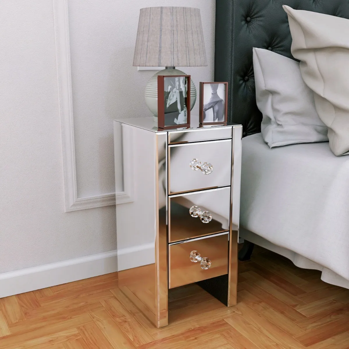 

3 Layers Mirror Bedside Cabinet 3-Drawer Nightstand MDF Glass Side End Table 30x30x60CM Silver[US-Stock]