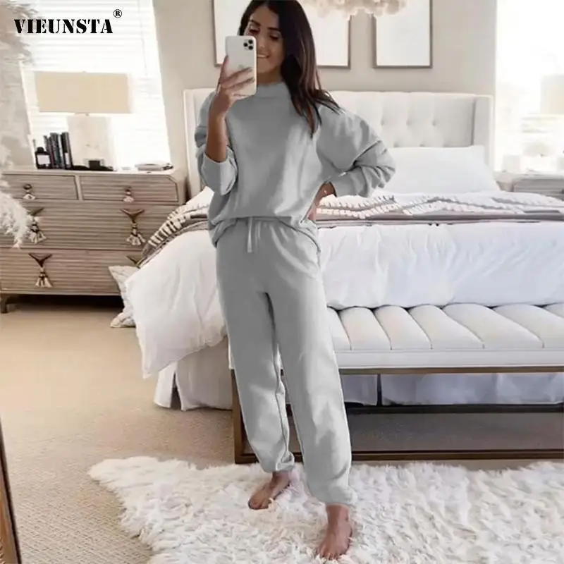 

Осенний Свободный свитшот, пуловер и брюки на шнуровке, комплект, Женский однотонный простой комплект из двух предметов, домашняя одежда, мо...