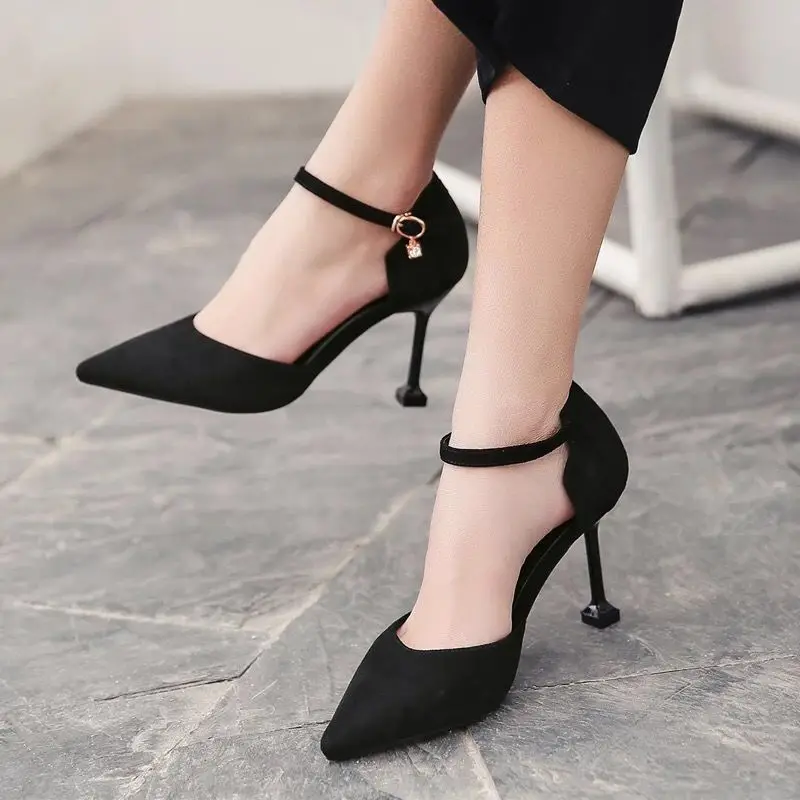 

Туфли-лодочки женские замшевые, заостренный носок, ремешок с пряжкой, высокий каблук, модная брендовая обувь для офиса