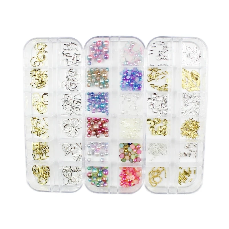 

12 Color Nail Art Diamond Box Jewelry Set DIY Gold and Silver Rivet Hollow Alloy Rhinestone Mermaid Symphony Pearl Bound Diamond
