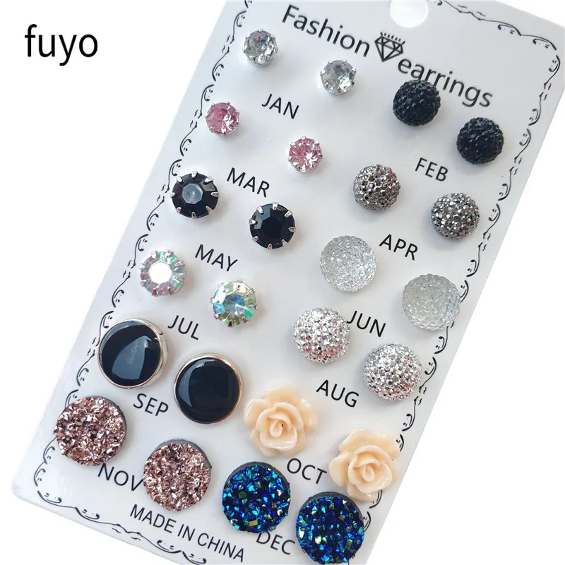 

12 Pairs Fashion Women Stud Earrings Flower Crystals Resin Stone Geometric Round Stud Earrings Set Brincos Jewelry