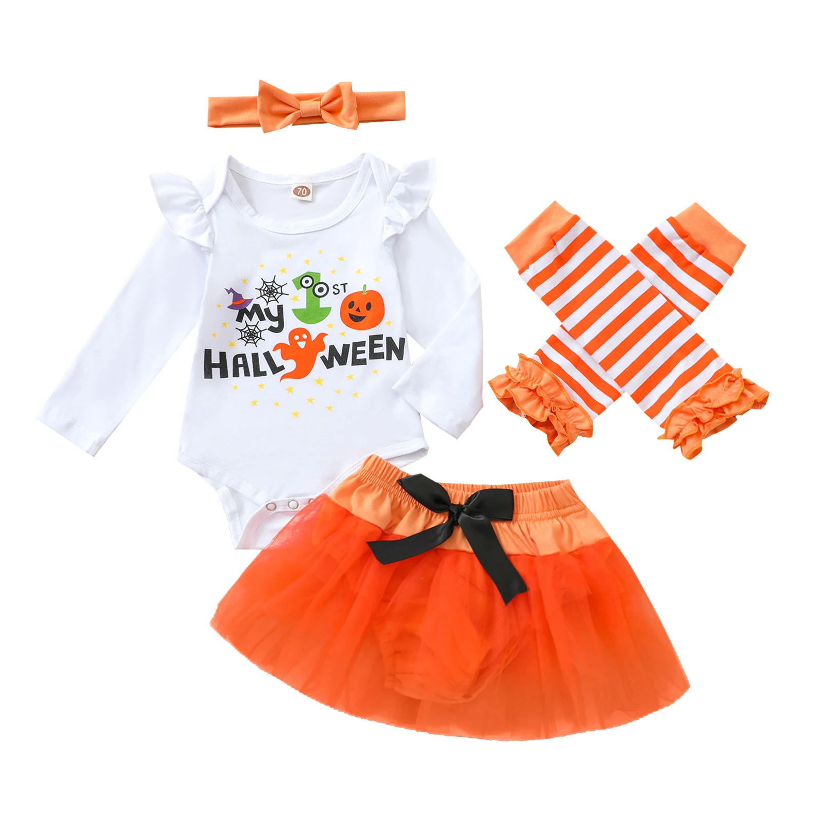 

Baby Girls Four-piece Clothes Set, Printed Pattern Long Sleeve Romper, Culottes, Headdress and Leg Warmers
