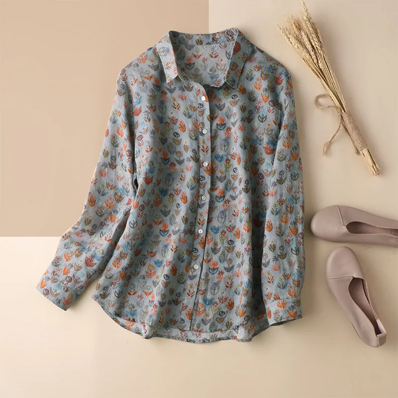

SHUCHAN Designer 2021 Spring Women's Long Sleeve Ramie Tops Broadcloth Vintage Floral Print Blusas Manga Longa Feminina