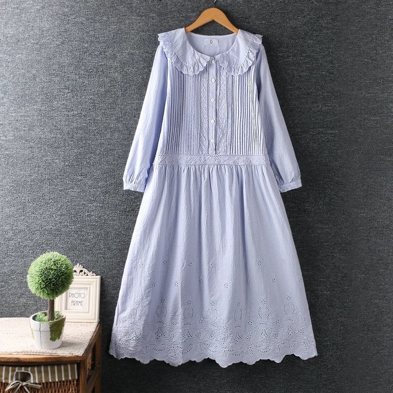 

Autumn Dress Women 2021 Solid Embroidered Cotton Dress Long Sleeve Midi Dress K809
