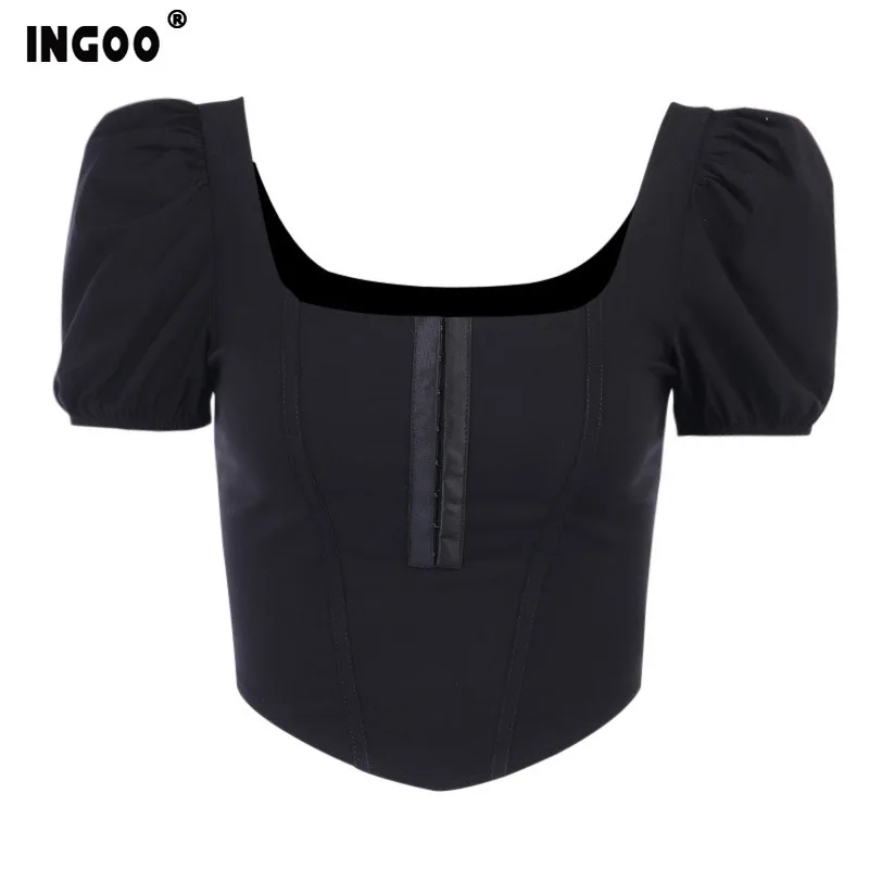 

INGOO Puff Short Sleeve Chiffon T-shirt Women Tee Black White Fashion Elegant Quare Collar Ladies Top Sweet Backless Crop Tops