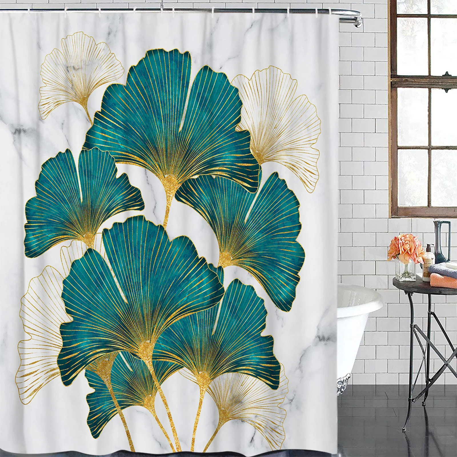 

Ginkgo Biloba Marble Texture Shower Curtain Polyester Fabric Bathroom Home Decor Waterproof Shower Curtains with Hooks