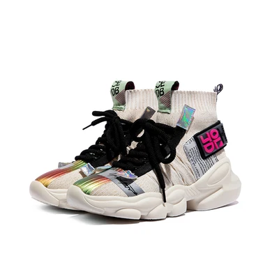 IGU/женские кроссовки; обувь на плоской платформе; tenis feminino; эластичные носки; флуоресцентная обувь с высоким берцем; женская обувь; большие размеры 41, 42 - Цвет: Бежевый