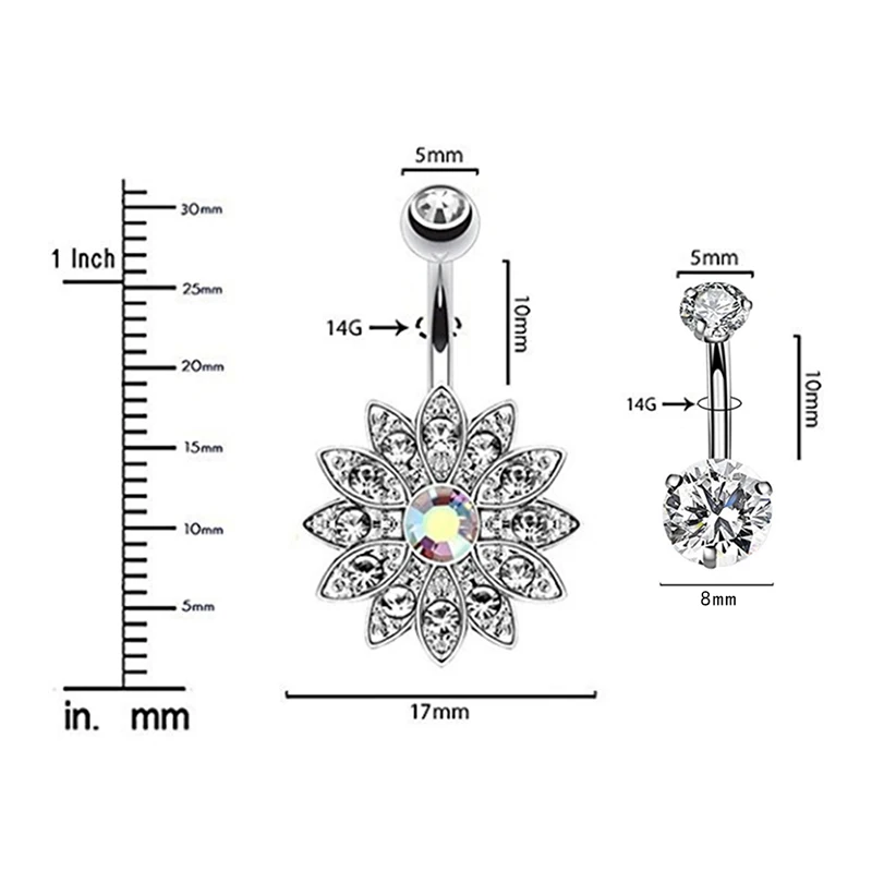 

New 9Pcs/Set Stainless Steel Belly Button Ring Sunflower Barbell Belly Dangle Navel Ring Piercing Body Jewelry