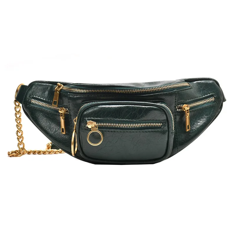 Темно зеленая модная женская сумка на грудь с цепочкой ремне через плечо уличный