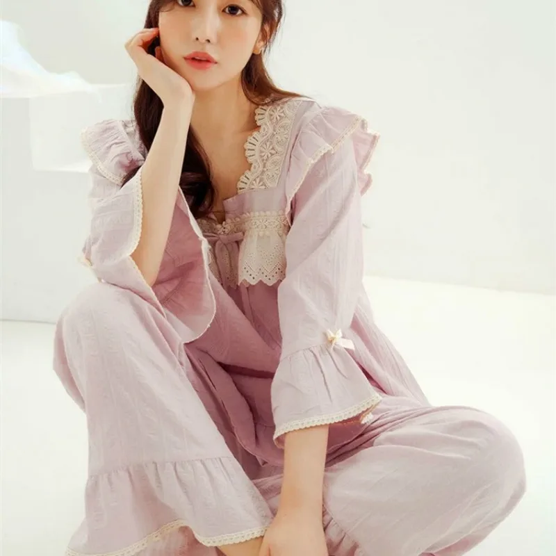 

Женские весенние пижамы 100% хлопковые пижамы с длинными рукавами пижамы с надписью светильник Фиолетовый Повседневная Сорочка свободного к...