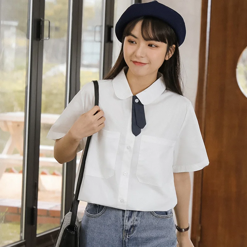 

Chic Khaki 2021 Summer New Top Student Polo Short Sleeve Shirt Female Purified Cotton College Style Tie White Shirt Fashion